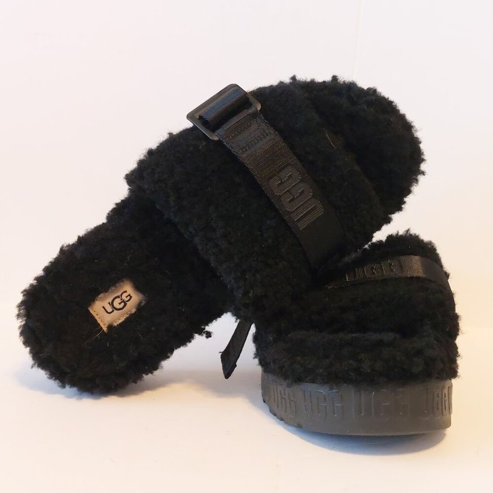 UGG Fluffita Fluffy Black Platform Slide Sandals Size 7